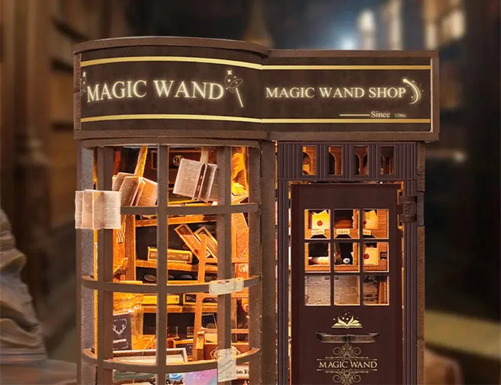 Retro Magic Wand Store DIY Wooden Book Nook Figurines Miniature Kits Bookshelf Home Bookend Decoration For Adult Handmade Gifts - Model to assemble
