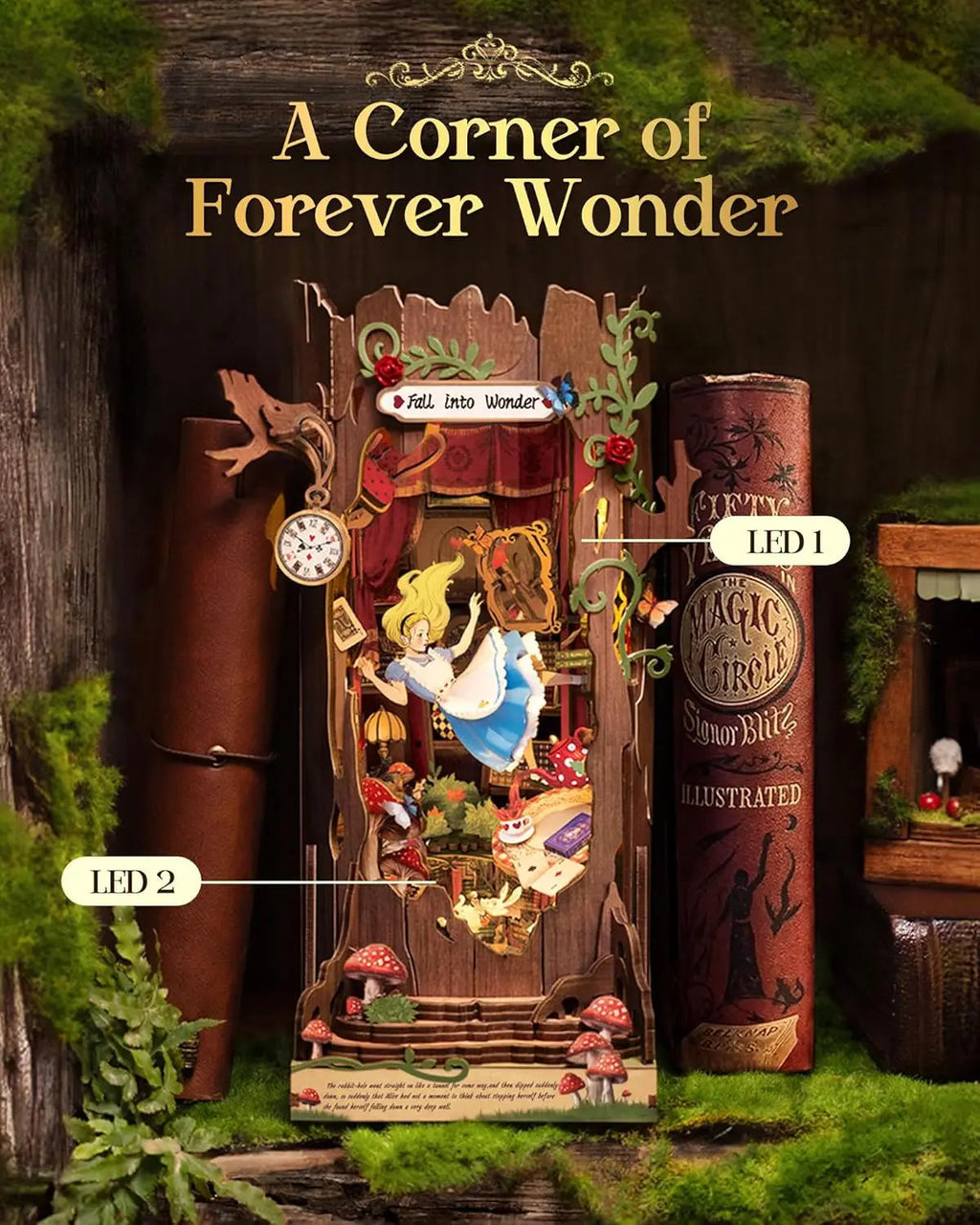 Robotime Rolife Book Nook Kits Fall into Wonder DIY Booknook with Lights Miniature House Kit 3D Wooden Puzzle Bookshelf Gift TGB Model to assemble