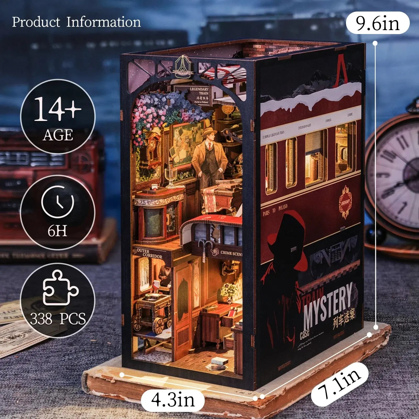 Detective, Train Mystery Wooden Dollhouse, Touch Light, Dust Cover, Bookshelf Insert, - Model to assemble
