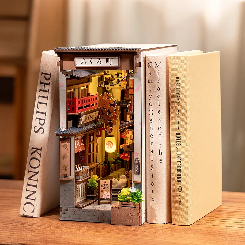 Robotime Rolife Sakura Wine Alley Japanese Style Design Book Nooks Kit for Family Home Bookshelf Decoration 3D DIY Wooden Puzzle Model to assemble