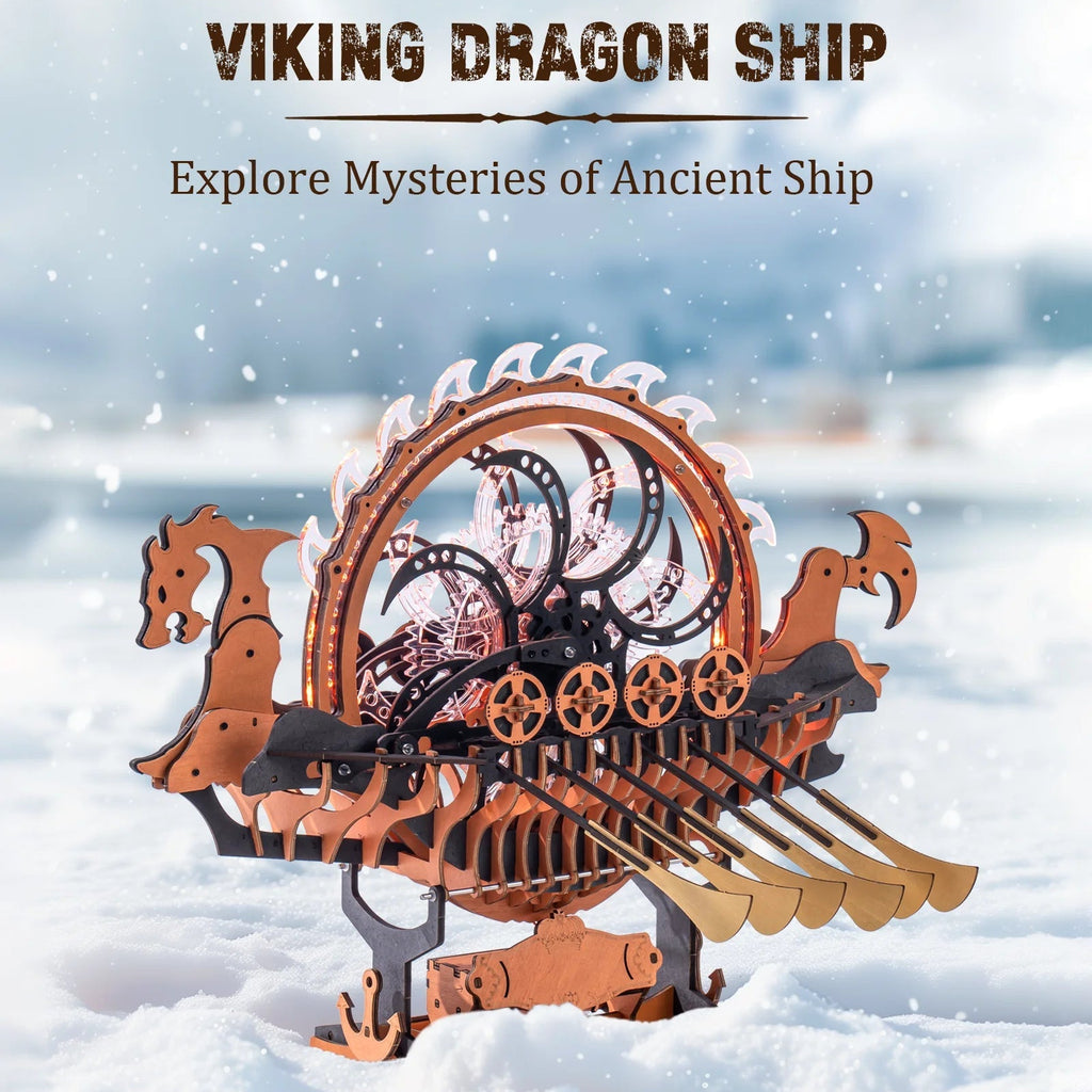 ROKR Wooden 3D Puzzle Viking Dragon Ship Mechanical Model Building Kit for Home Decor 229-Piece Puzzle Toy with LED Light for Bookshelf Decor Gift for Adults Kids Model to assemble