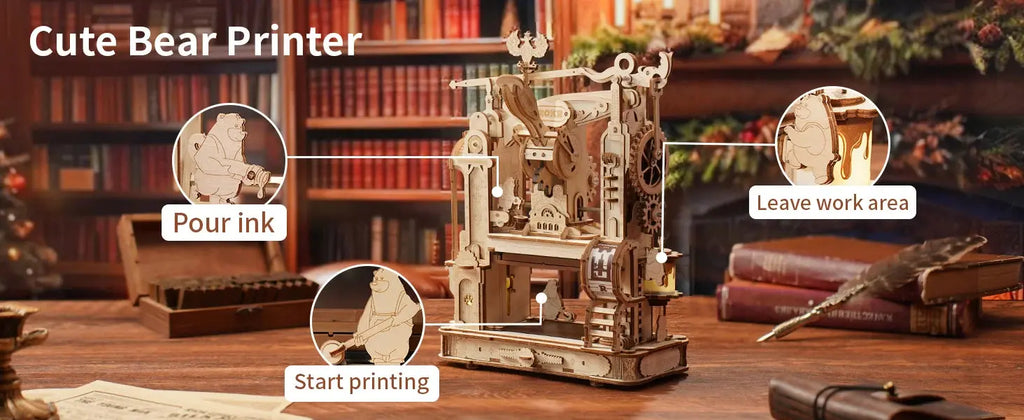 Wooden Printing Press Mechanical Gears Model Kit - Model to assemble