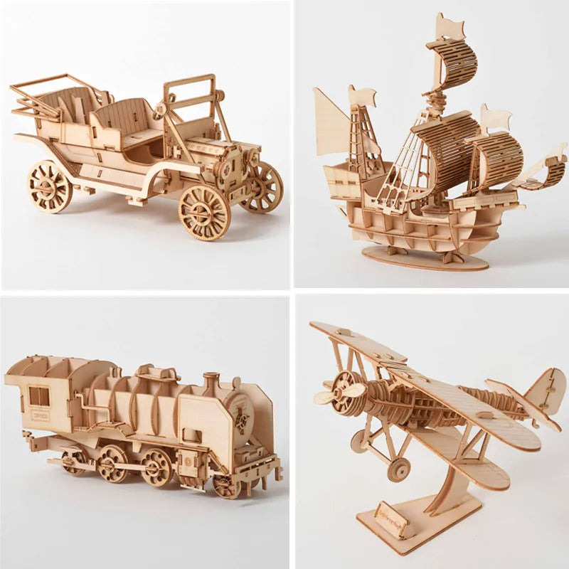 Old vehicles (Sailing Ship / Biplane / Steam Locomotive / Car) - Model to assemble