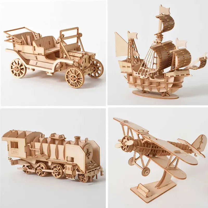 Old vehicles (Sailing Ship / Biplane / Steam Locomotive / Car) - Model to assemble