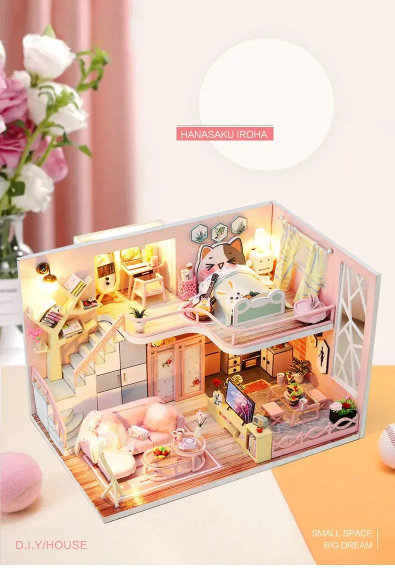 Pink Doll House With Furniture Light - Model to assemble