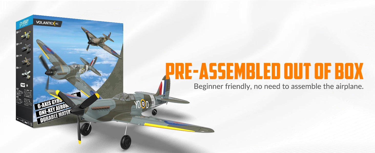 Volantex New Spitfire RC Plane EPP 400mm Wingspan RC Fighter One Key Aerobatic 2.4G 4CH RTF Warbird Plane Model to assemble