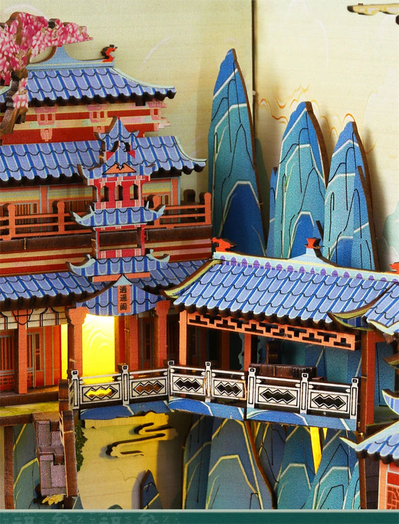 DIY Wooden Book Nook Shelf Insert Kits Miniature Model Kit Penglai Wonderland Casa Bookshelf Assembled Bookends Friends Gifts Model to assemble