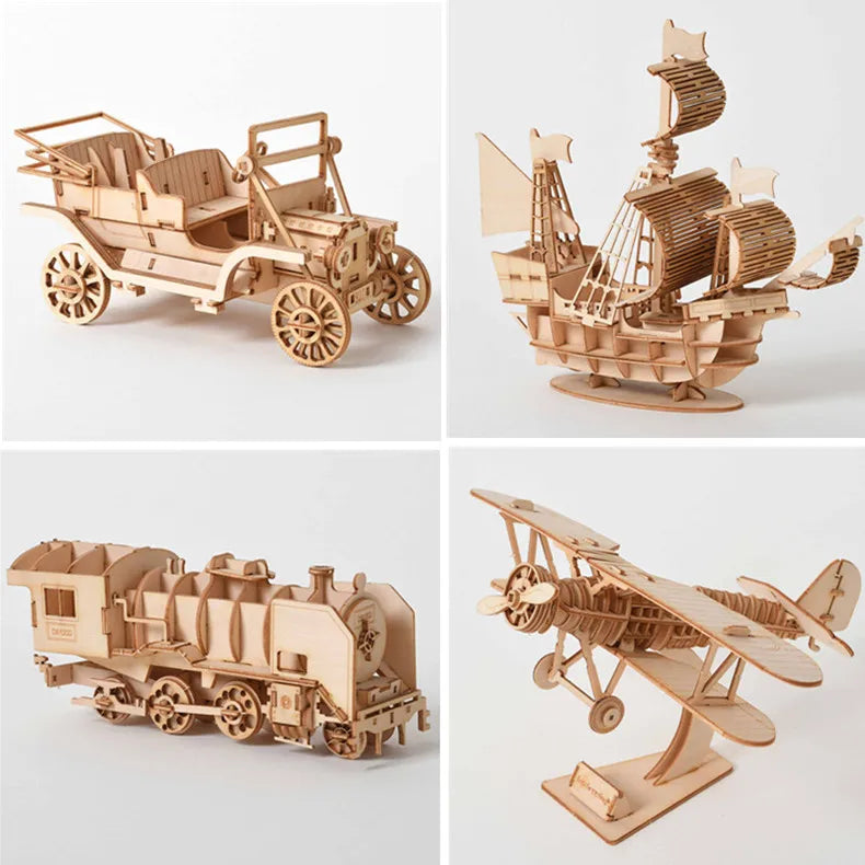 Old vehicles (Sailing Ship / Biplane / Steam Locomotive / Car) - Model to assemble