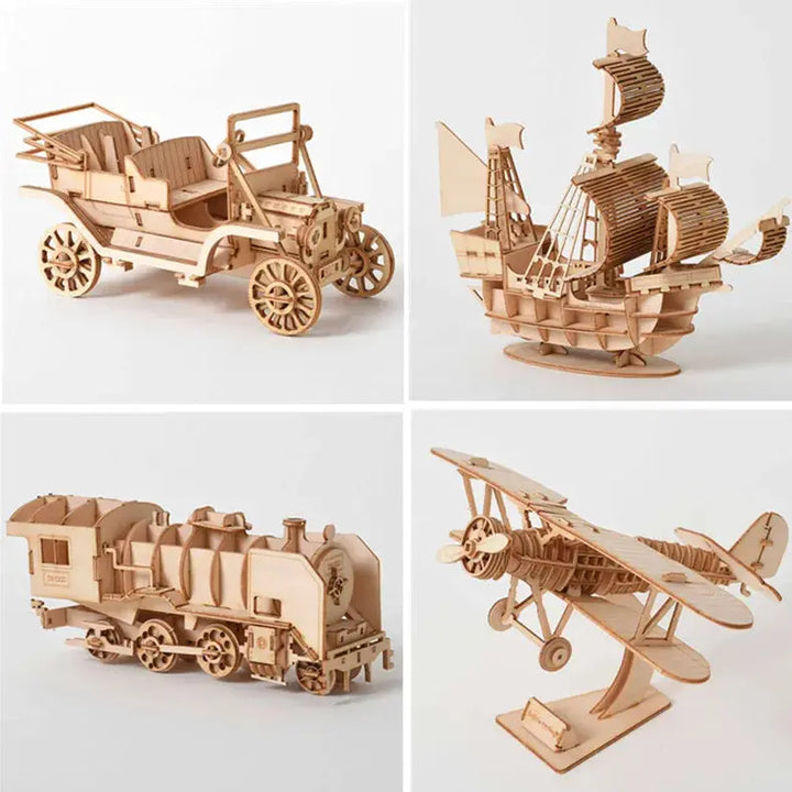 Old vehicles (Sailing Ship / Biplane / Steam Locomotive / Car) - Model to assemble