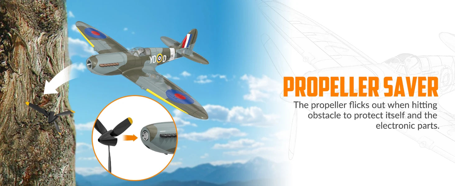 Volantex New Spitfire RC Plane EPP 400mm Wingspan RC Fighter One Key Aerobatic 2.4G 4CH RTF Warbird Plane Model to assemble