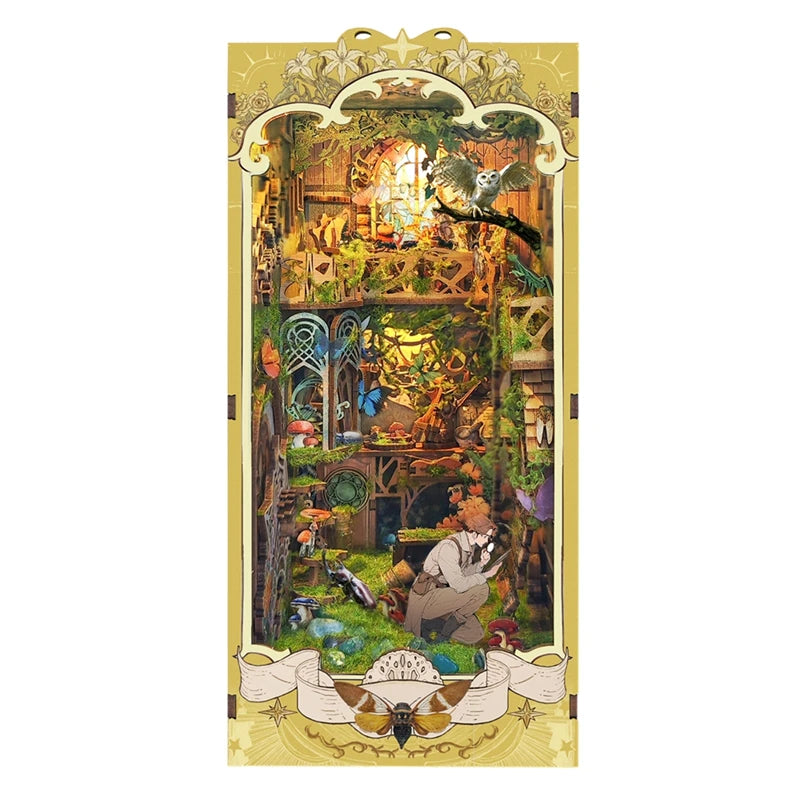 DIY Book Nook Insert Shelf Kits Wooden Miniature Building Kit The Records of Insects Bookend Bookshelf Home Decoration - Model to assemble