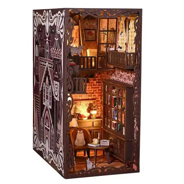 The Cat's Secret Chapel Book Nook – Gothic LED Wooden Bookend Puzzle