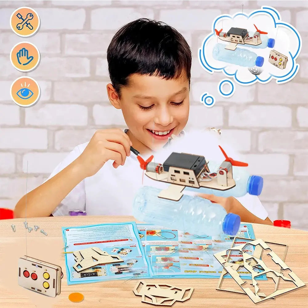 DIY Remote Control Wind Ship Model Wooden Assembling Electric Wind Powered Boat Science Experiment Kit - Model to assemble
