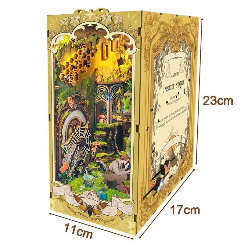 DIY Book Nook Insert Shelf Kits Wooden Miniature Building Kit The Records of Insects Bookend Bookshelf Home Decoration - Model to assemble