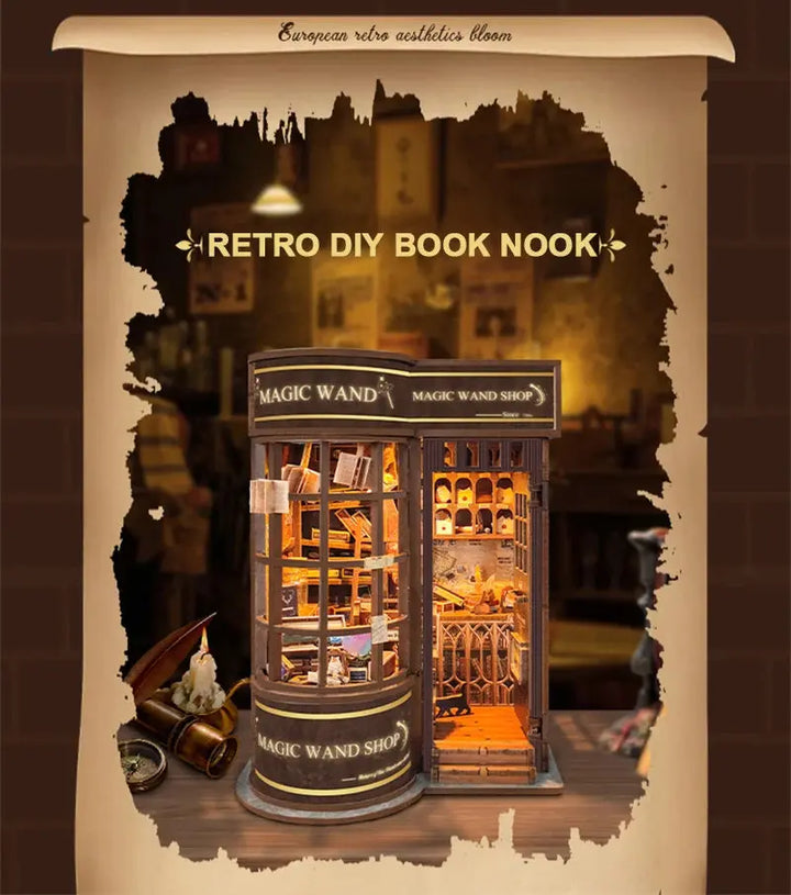 Retro Magic Wand Store DIY Wooden Book Nook Figurines Miniature Kits Bookshelf Home Bookend Decoration For Adult Handmade Gifts - Model to assemble
