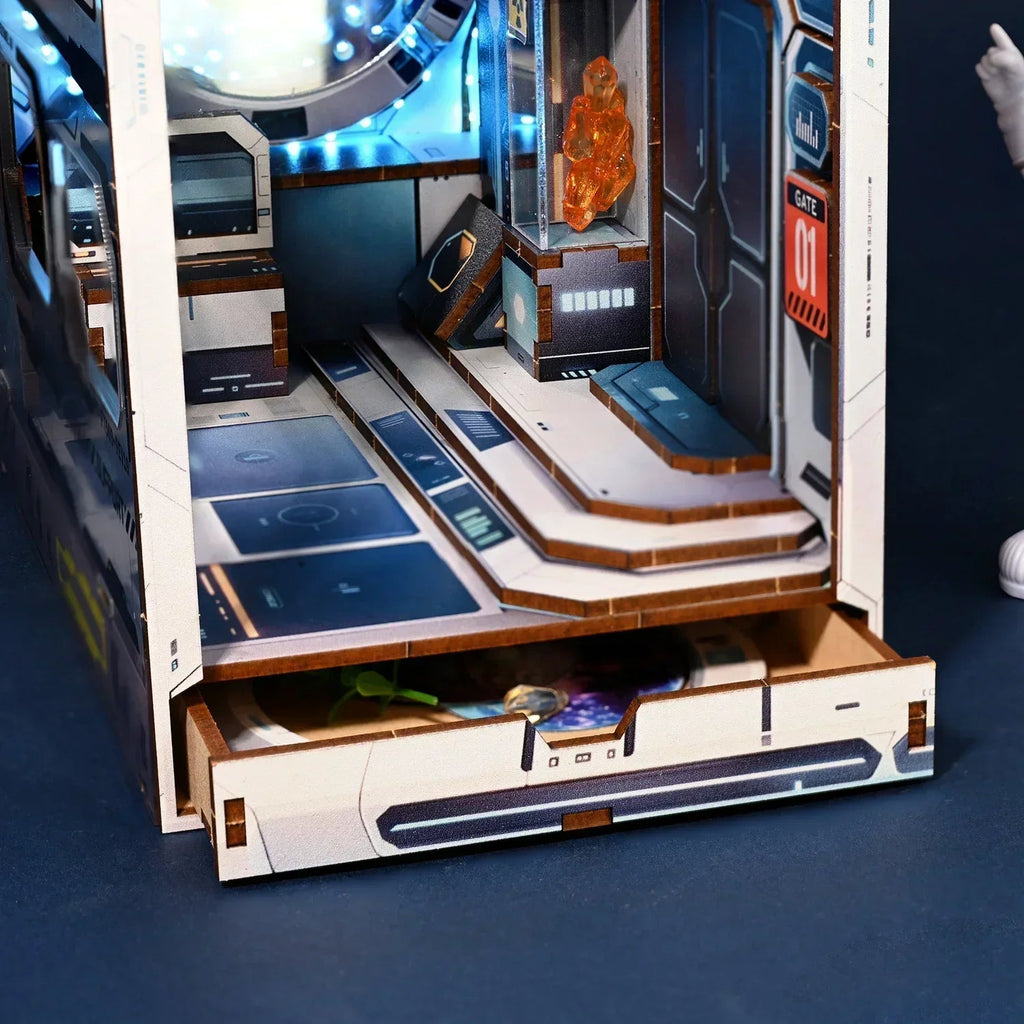 NEW Sci-fi Style Alien Hub DIY Wooden Book Nook Shelf Insert Miniature Kit, Bookshelf Home Bookend Decor For Adult Handmade Gift Model to assemble