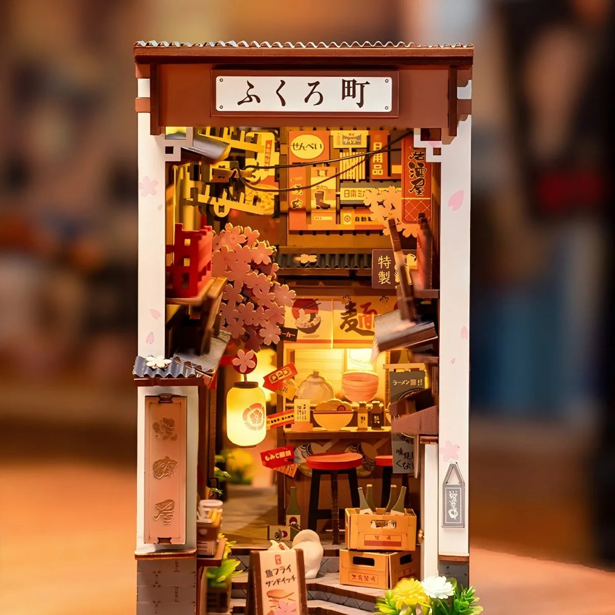 Robotime Rolife Sakura Wine Alley Japanese Style Design Book Nooks Kit for Family Home Bookshelf Decoration 3D DIY Wooden Puzzle Model to assemble