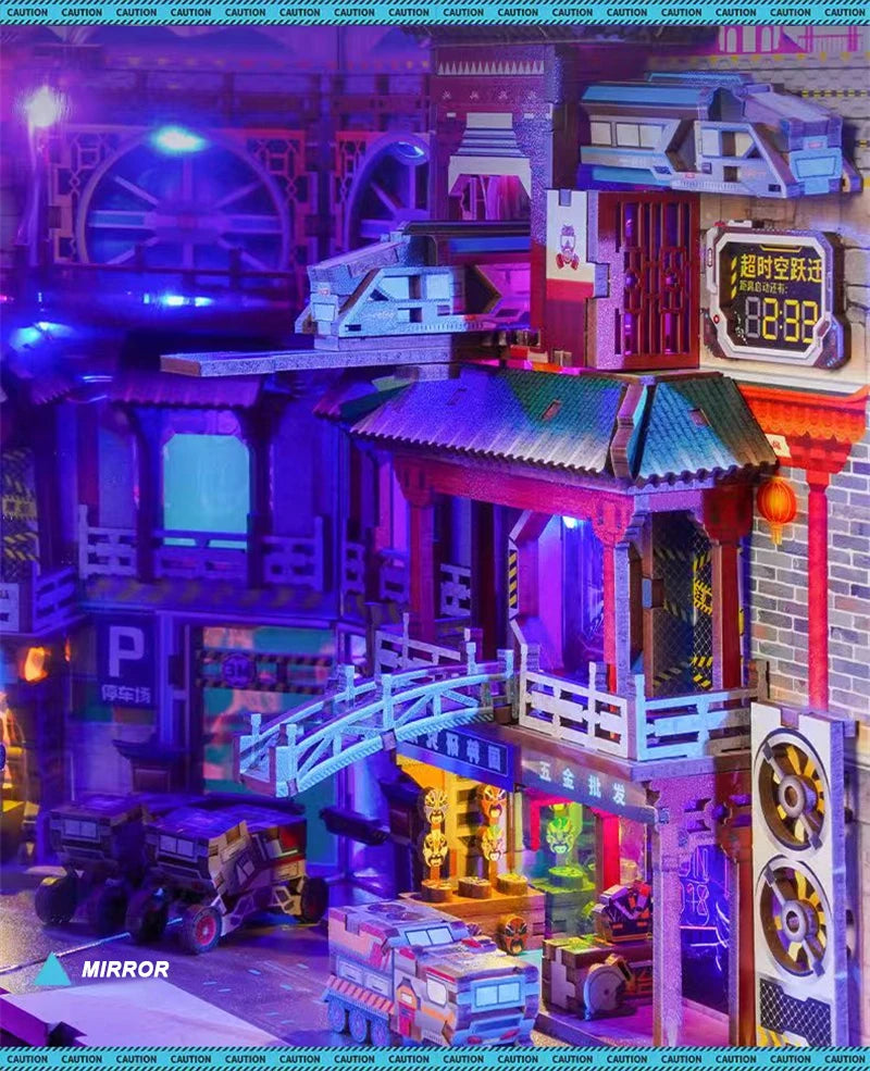 Retro Cyber City Wooden DIY Book Nook Figurines Miniature Kits Bookshelf Home Bookend Decoration For Adult Handmade Gifts Model to assemble