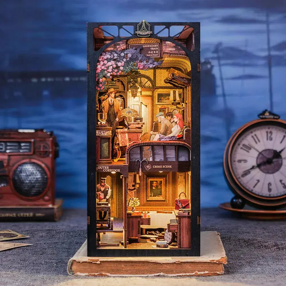 Detective, Train Mystery Wooden Dollhouse, Touch Light, Dust Cover, Bookshelf Insert, - Model to assemble