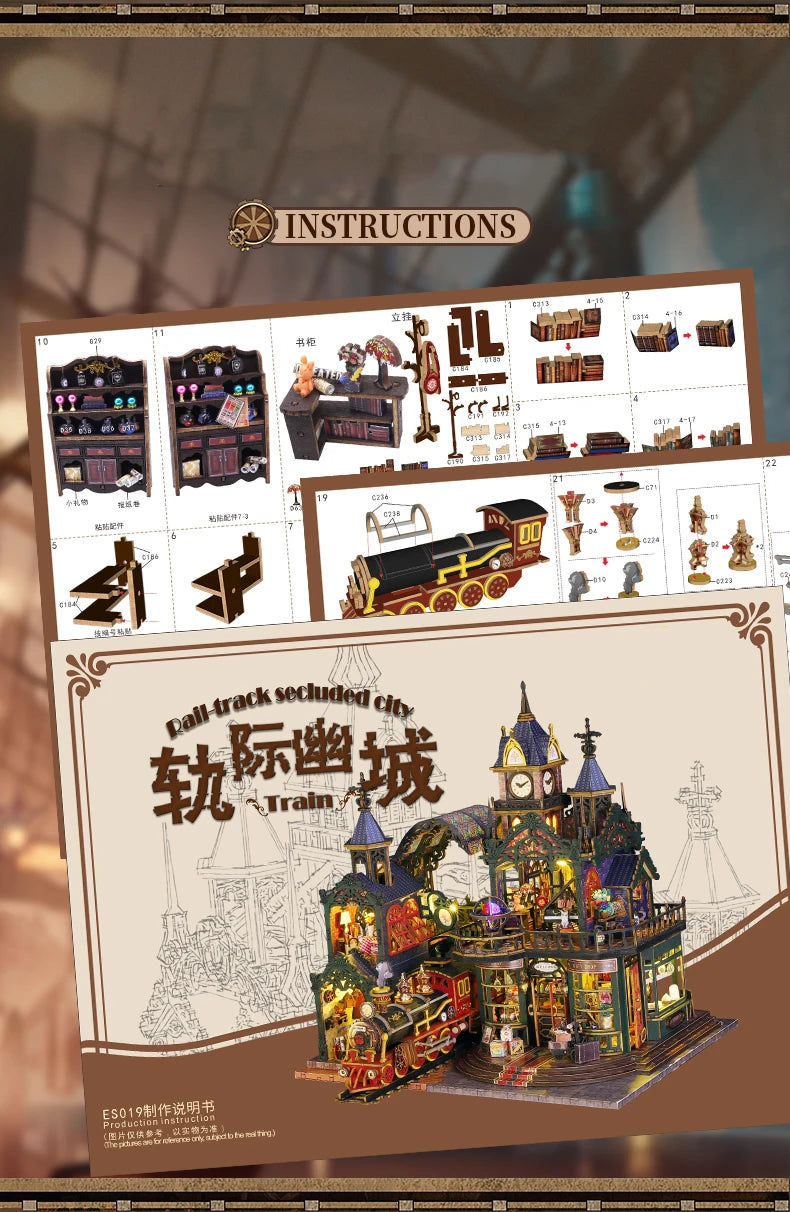 Rail-track Secluded City Figurines Miniatures Bookend Assembled Houses - Model to assemble