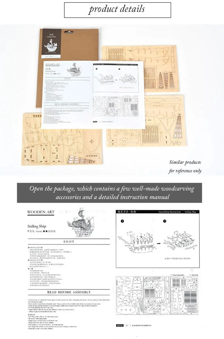 Old vehicles (Sailing Ship / Biplane / Steam Locomotive / Car) - Model to assemble
