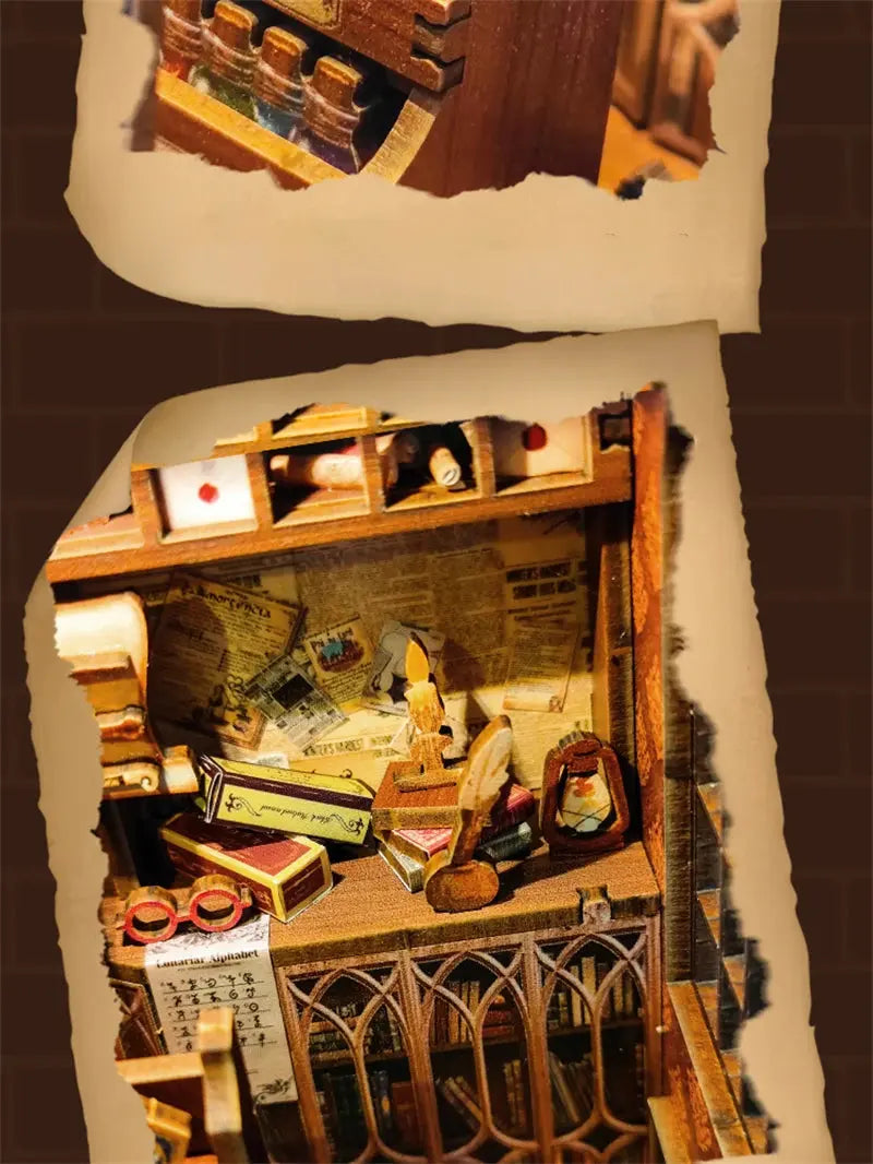 Retro Magic Wand Store DIY Wooden Book Nook Figurines Miniature Kits Bookshelf Home Bookend Decoration For Adult Handmade Gifts - Model to assemble