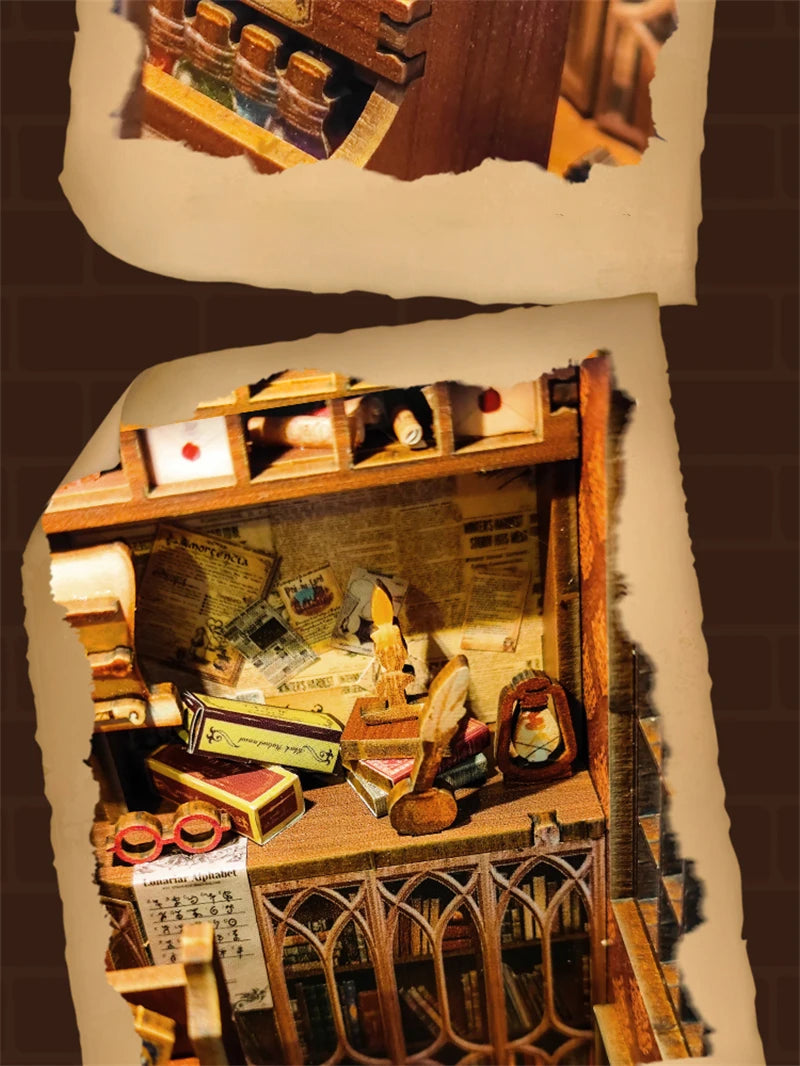 Retro Magic Wand Store DIY Wooden Book Nook Figurines Miniature Kits Bookshelf Home Bookend Decoration For Adult Handmade Gifts - Model to assemble