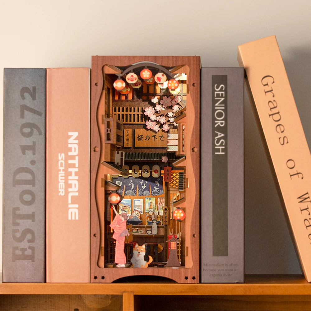CUTEBEE DIY Book Nook Wooden Bookshelf Insert Miniature House Booknook Sakura Model Kits Collection Toy for Birthday Gifts Model to assemble