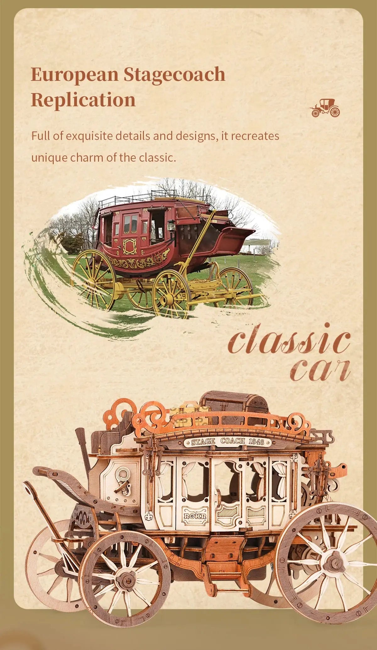 Wooden Stagecoach Music Box Model Kit - Model to assemble