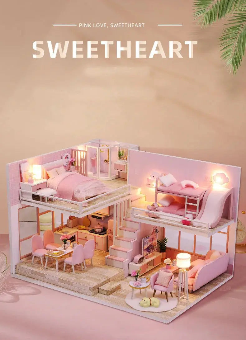 Pink Doll House With Furniture Light - Model to assemble
