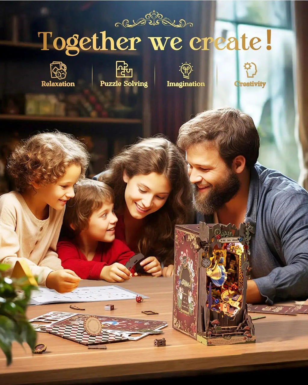 Robotime Rolife Book Nook Kits Fall into Wonder DIY Booknook with Lights Miniature House Kit 3D Wooden Puzzle Bookshelf Gift TGB Model to assemble