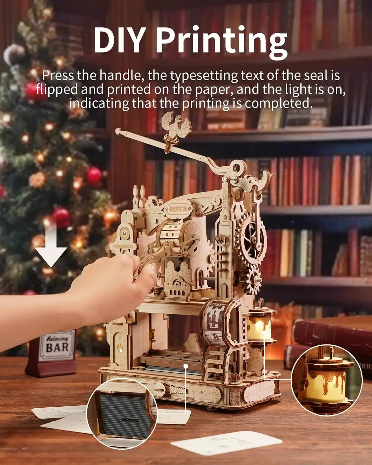 Wooden Printing Press Mechanical Gears Model Kit - Model to assemble
