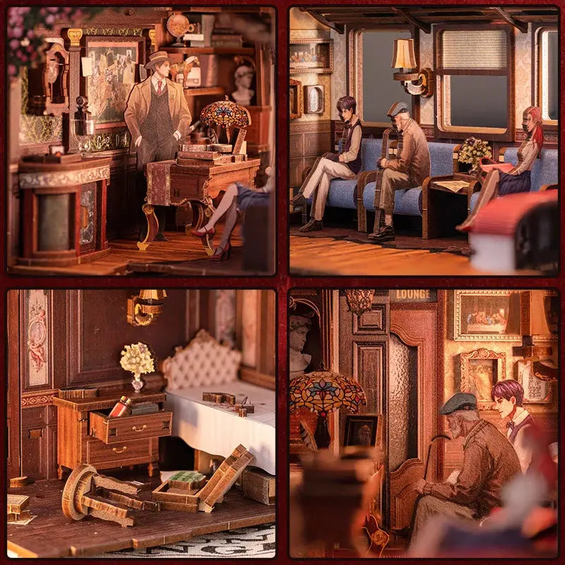 Detective, Train Mystery Wooden Dollhouse, Touch Light, Dust Cover, Bookshelf Insert, - Model to assemble
