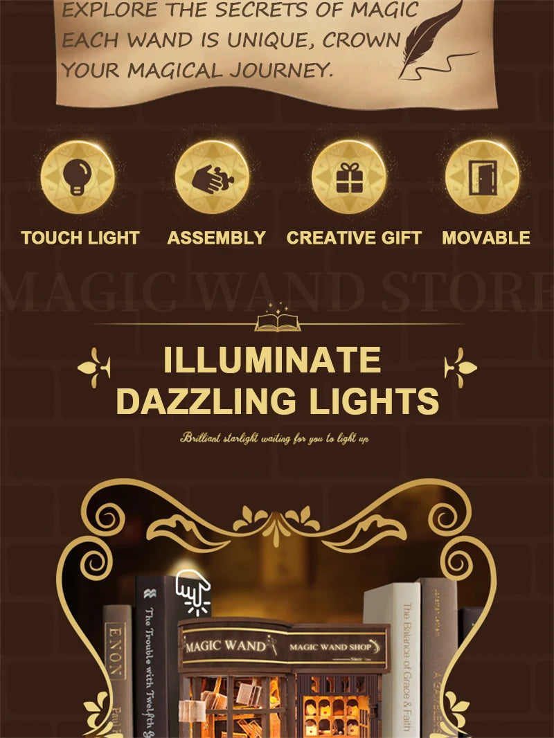 Retro Magic Wand Store DIY Wooden Book Nook Figurines Miniature Kits Bookshelf Home Bookend Decoration For Adult Handmade Gifts - Model to assemble