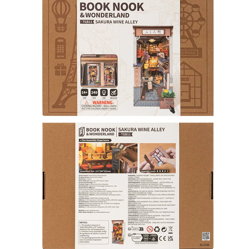 Robotime Rolife Sakura Wine Alley Japanese Style Design Book Nooks Kit for Family Home Bookshelf Decoration 3D DIY Wooden Puzzle Model to assemble