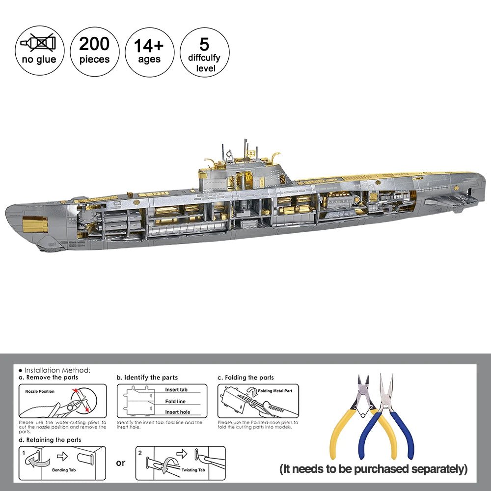 Piececool 3D Metal Puzzle Submarine Model Building Kits DIY Toy for Adult Jigsaw Brain Teaser for Teen Model to assemble
