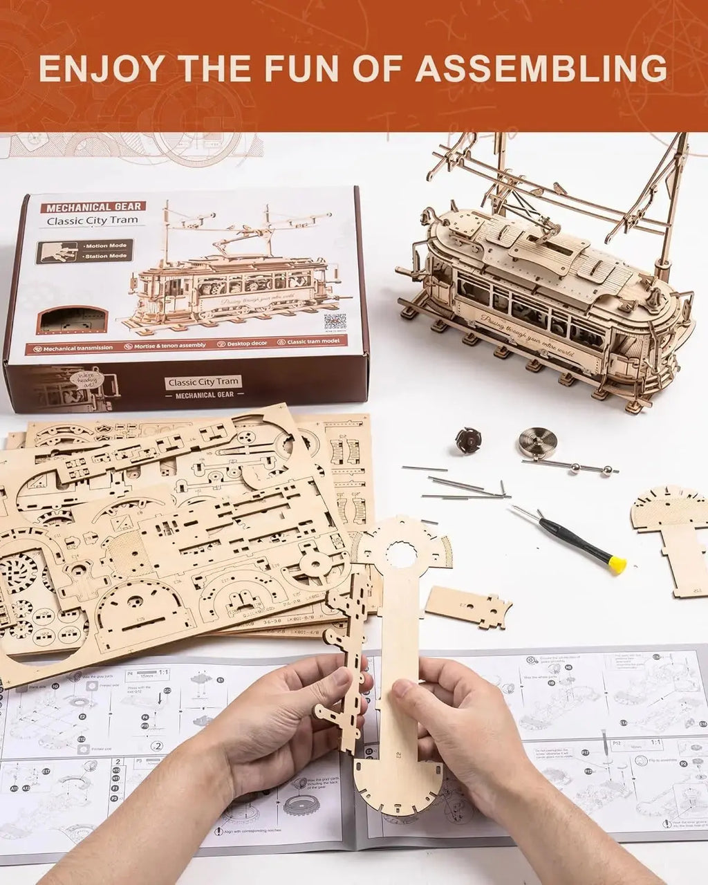 Tram Train Set 3D Wooden Puzzles with Railway - Model to assemble
