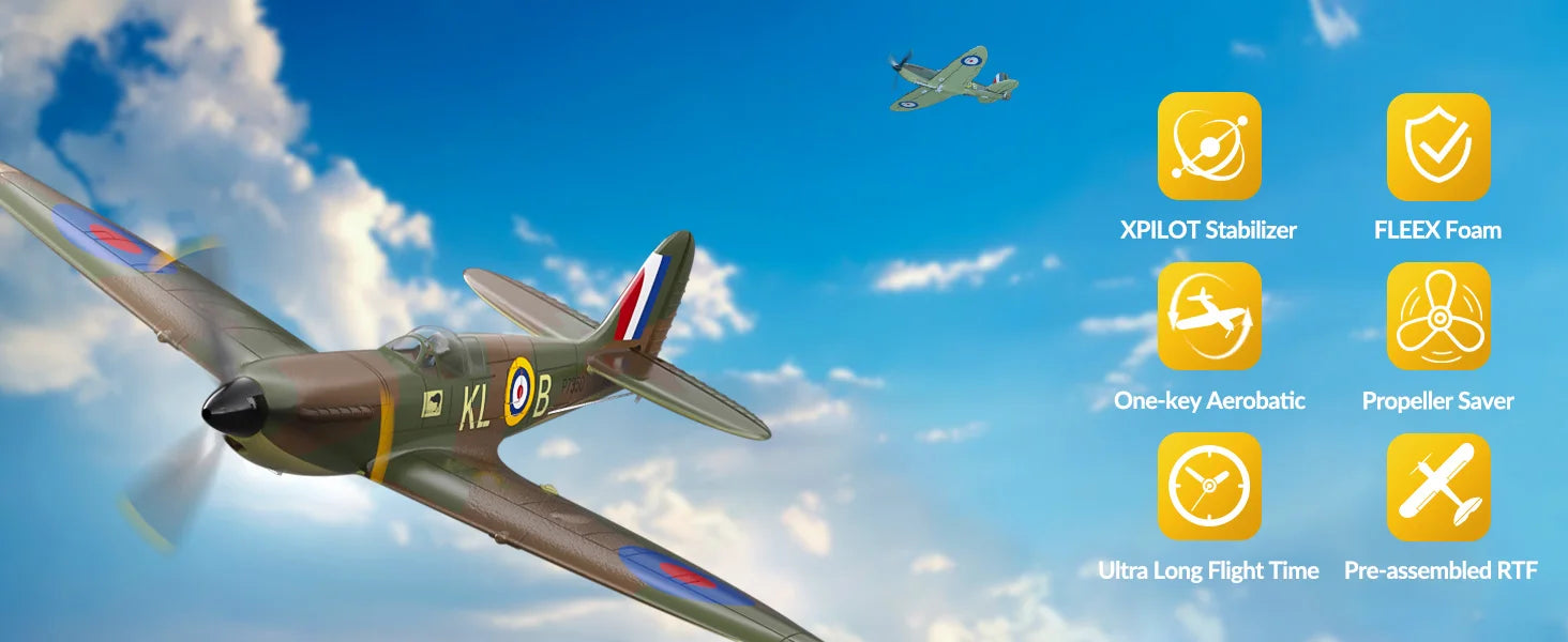 Volantex New Spitfire RC Plane EPP 400mm Wingspan RC Fighter One Key Aerobatic 2.4G 4CH RTF Warbird Plane Model to assemble
