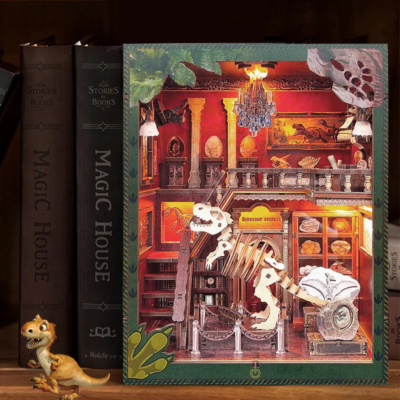 DIY Book Nook Wooden Miniature Model Kits Dinosaur Museum Casa Bookend 3D Puzzle With Light Bookshelf for Friends Birthday Gifts Model to assemble