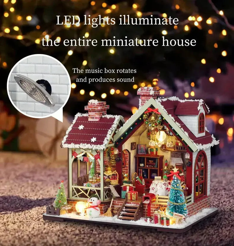 Christmas Night Warm House - Miniature Dollhouse DIY Kit with Music Box - Model to assemble