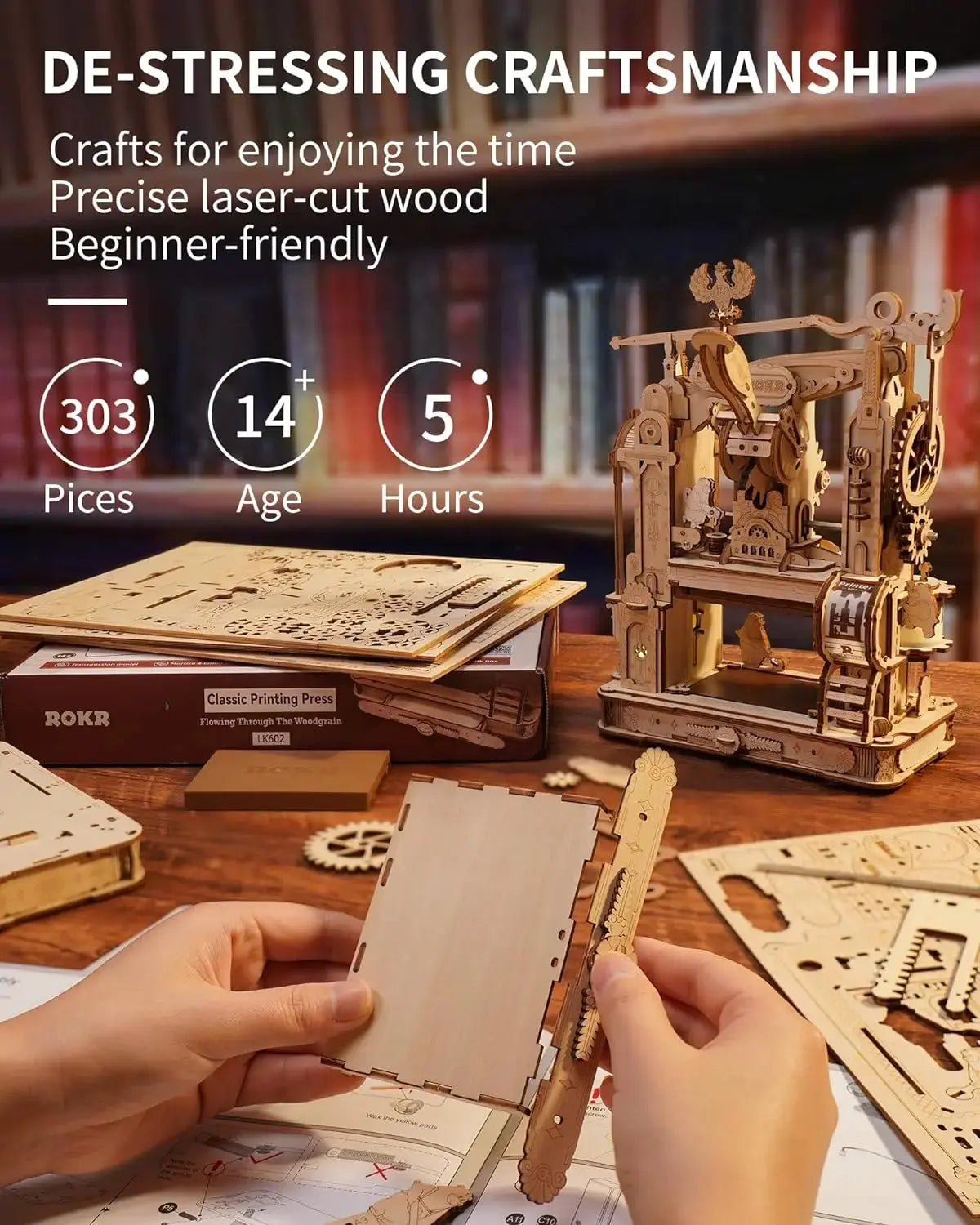 Wooden Printing Press Mechanical Gears Model Kit - Model to assemble