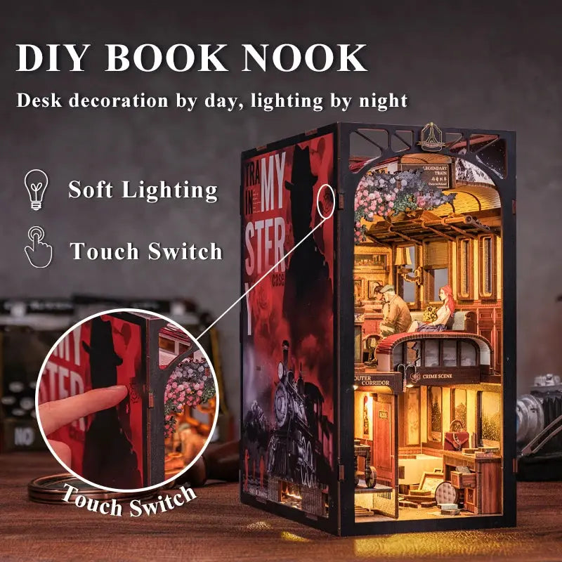 Detective, Train Mystery Wooden Dollhouse, Touch Light, Dust Cover, Bookshelf Insert, - Model to assemble