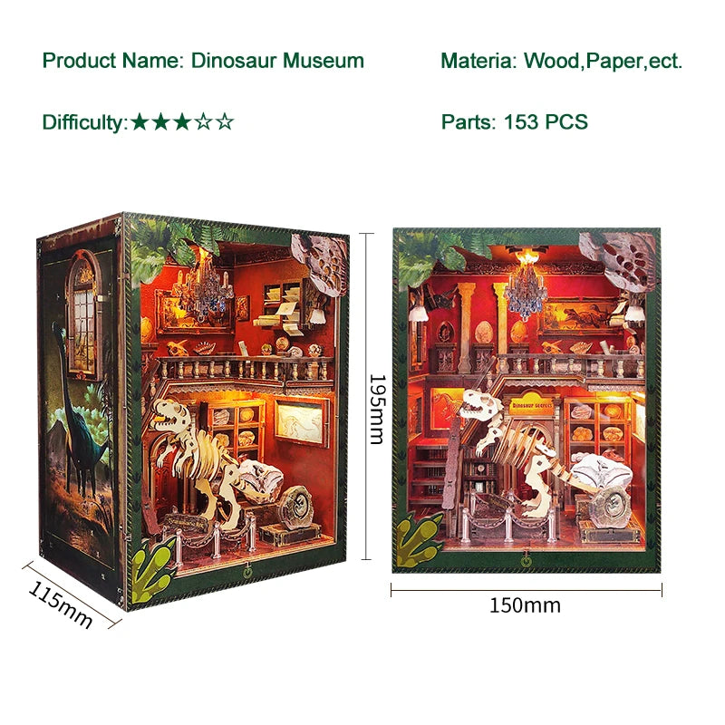 DIY Book Nook Wooden Miniature Model Kits Dinosaur Museum Casa Bookend 3D Puzzle With Light Bookshelf for Friends Birthday Gifts Model to assemble