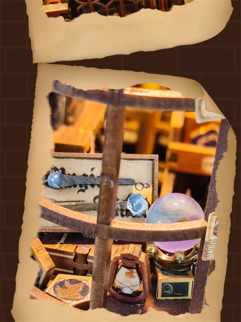 Retro Magic Wand Store DIY Wooden Book Nook Figurines Miniature Kits Bookshelf Home Bookend Decoration For Adult Handmade Gifts - Model to assemble