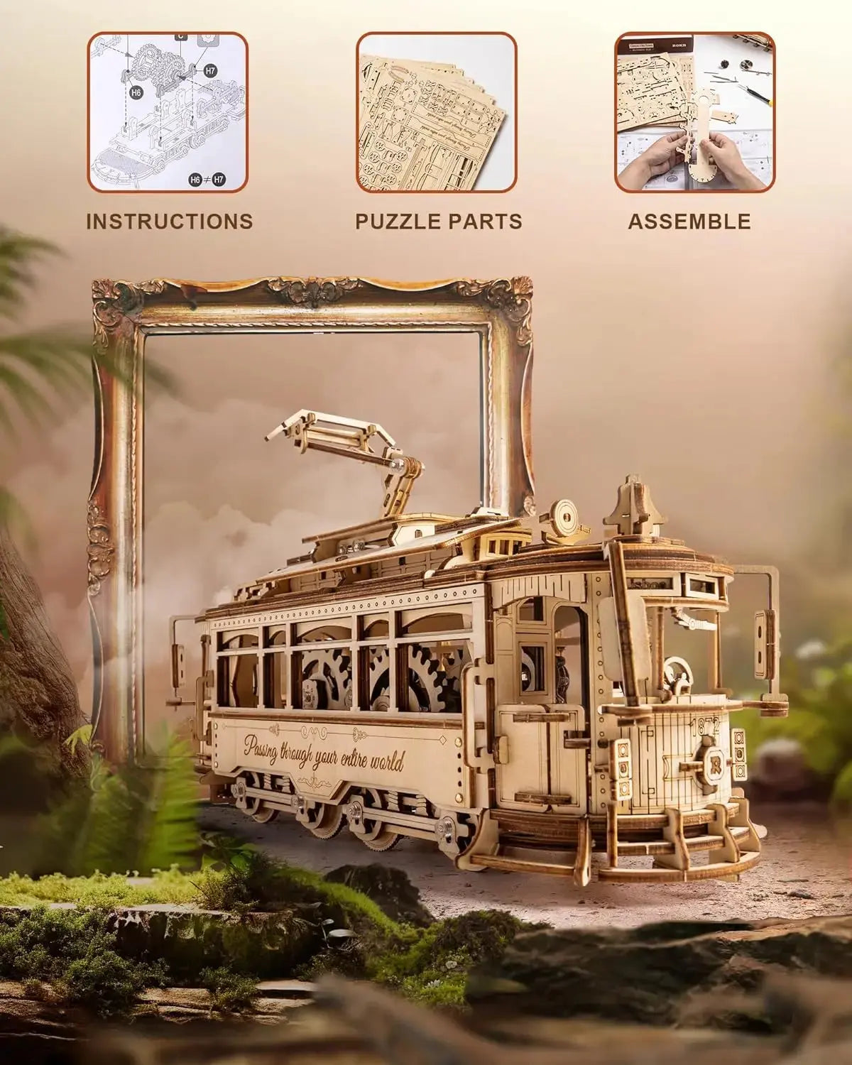 Tram Train Set 3D Wooden Puzzles with Railway - Model to assemble