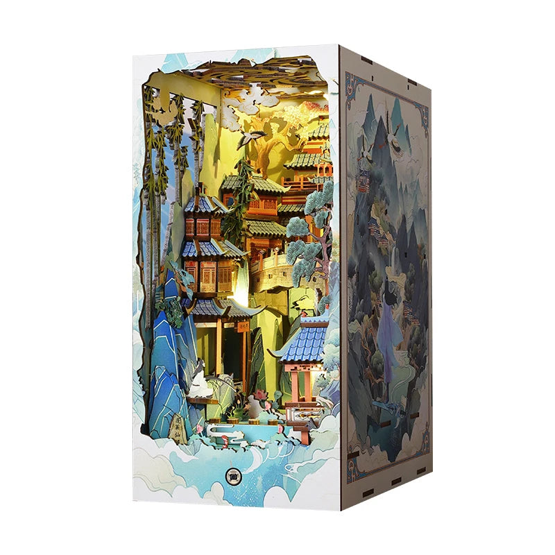 DIY Wooden Book Nook Shelf Insert Kits Miniature Model Kit Penglai Wonderland Casa Bookshelf Assembled Bookends Friends Gifts Model to assemble
