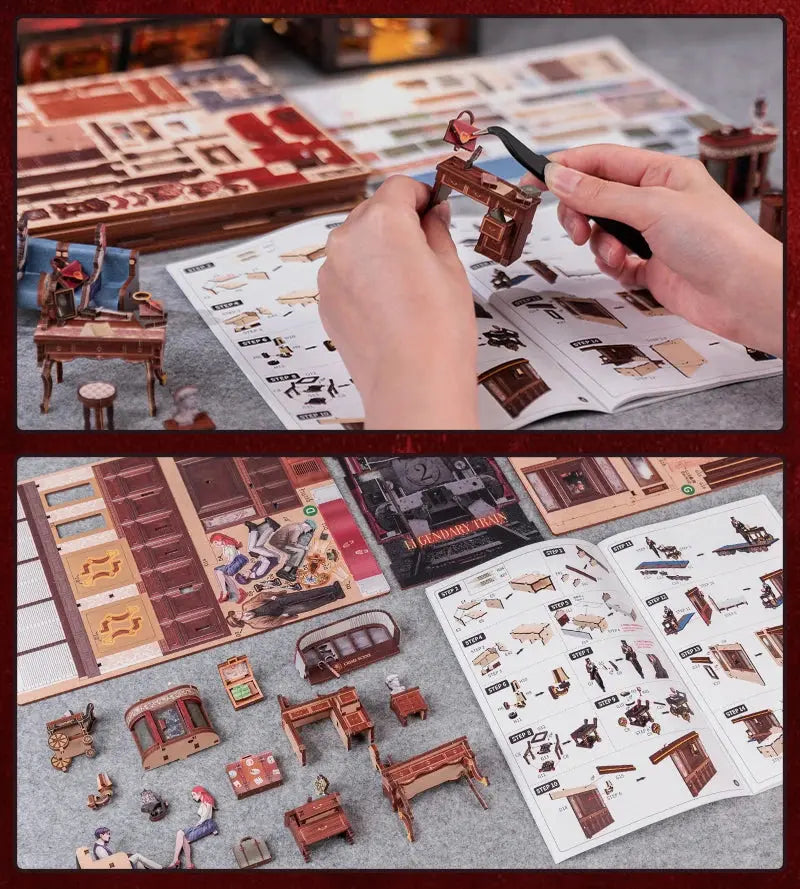 Detective, Train Mystery Wooden Dollhouse, Touch Light, Dust Cover, Bookshelf Insert, - Model to assemble