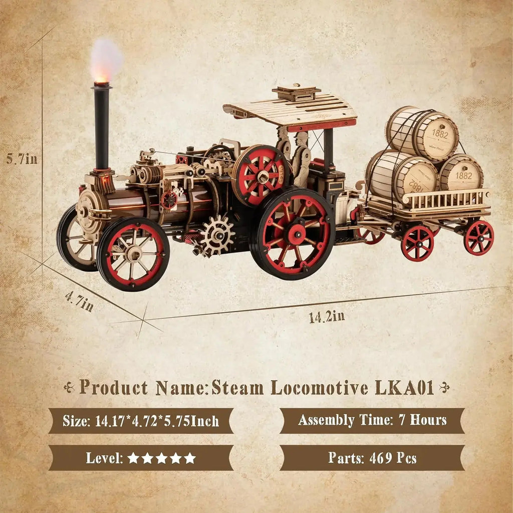 Wooden Mechanical Steam Locomotive 3D Puzzle Kit - Model to assemble