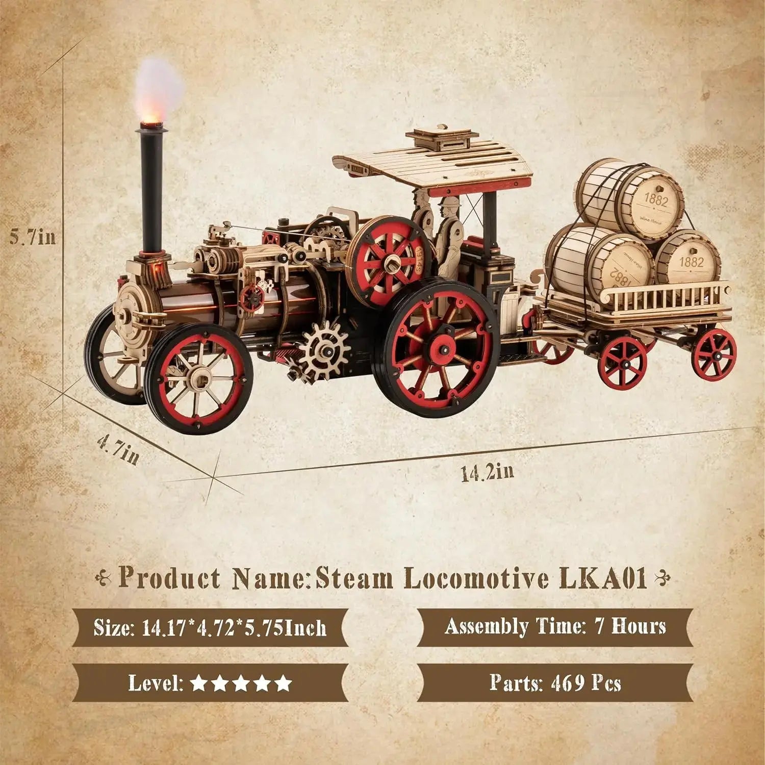 Wooden Mechanical Steam Locomotive 3D Puzzle Kit - Model to assemble