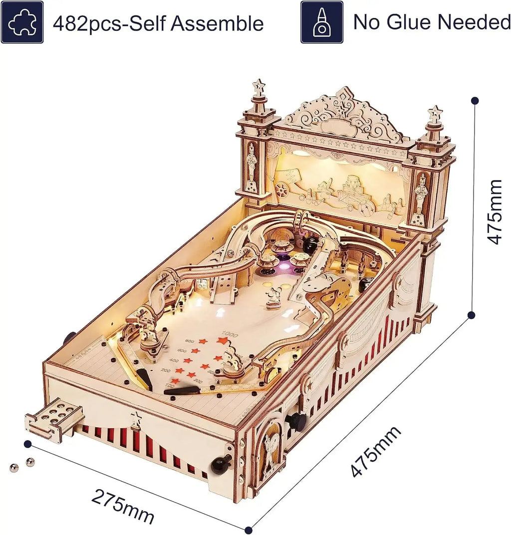 Wooden mechanical model kit with intricate design, dimensions, and assembly information.